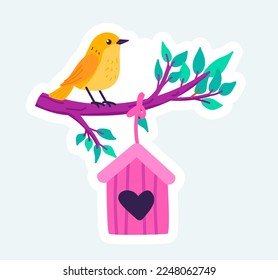 Bird sits on tree branch by wooden birdhouse. Spring nature season. Vector illustration in cartoon sticker design