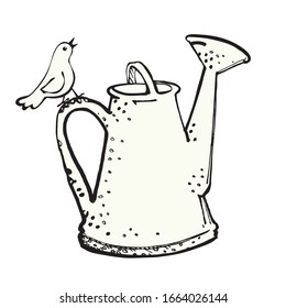 Un pájaro se sienta en una lata de agua.Dibujo a mano. Ilustración vectorial de Doodle al estilo zenart lindo. Elemento para la creación de un diseño hortícola, agrícola y estacional. Imagen aislada en fondo blanco.