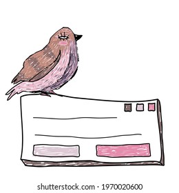 The bird sits on a web window. Vector illustration.