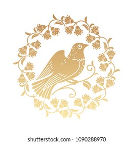 Bird sitting in the bush. Vector hand drawn illustration in vintage style