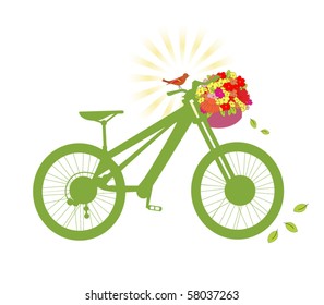 Bird sitting on bicycle handle - basket of fresh flowers