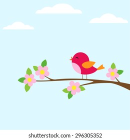 Bird sitting on blooming branch. Vector illustration