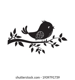 Bird sitting on a branch, black stencil silhouette, Vector isolated illustration, print, Scrapbooking, decor, Machine cut