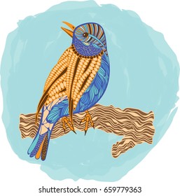 A bird sitting on a branch. Dudling pattern.
