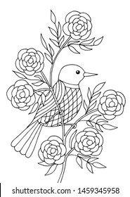 Bird sitting on a branch of a flowering tree, coloring page for kids and adults