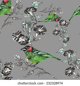 Bird sitting on branch with flowers seamless pattern on gray background vector illustration