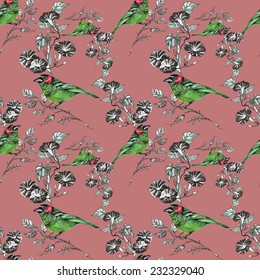 Bird sitting on branch with flowers seamless pattern on red background vector illustration