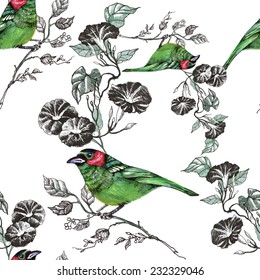 Bird sitting on branch with flowers seamless pattern on white background vector illustration