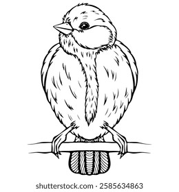 Bird sitting on branch front view. Vector illustrations in hand drawn sketch style isolated on white. Black outline animal graphic. Design for coloring book page, print