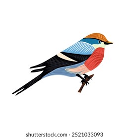  Pássaro sentado em um galho, puxado à mão. Ilustração plana do habitat natural de aves.