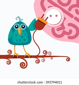Bird Sitting On Branch Hold Plug Electricity Socket Outlet Connection Concept Flat Vector Illustration