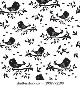Bird sitting on a branch pattern, black stencil silhouette, Textile, Background, Wallpaper