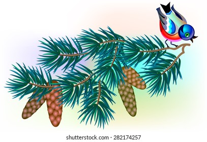 Bird sitting on a branch of pine, vector cartoon image