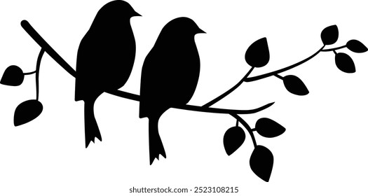 Bird sitting on branch silhouette vector illustration.