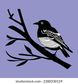 A Bird sitting on the branch vector artwork in black and white