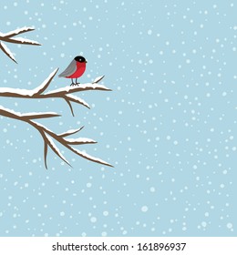 Bird sitting on branch in winter, vector