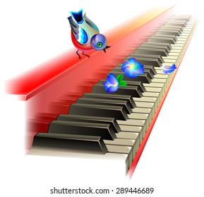 Bird sitting on grand piano, vector cartoon image