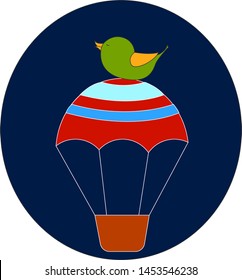 Bird sitting on hot air balloon, illustration, vector on white background.