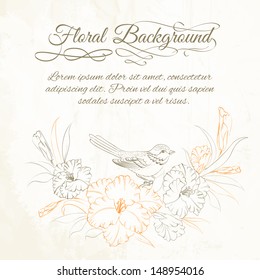 Bird sitting on iris flower. Vector illustration.