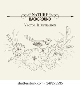 Bird sitting on iris flower. Vector illustration.