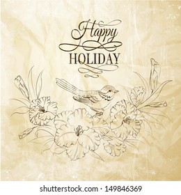 Bird sitting on iris flower. Vector illustration.
