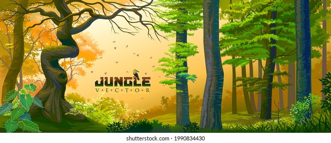 Bird sitting on jungle vector text message in the middle of a jungle.