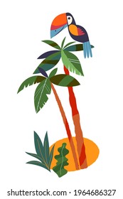 Ave sentada en la palmera, elementos tropicales hawaianos de verano. Cartel de viaje vintage de la playa de Hawaii ilustración vectorial. Macao o toucan sobre la hoja aislados sobre fondo blanco.
