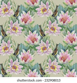 Bird sitting on pink lily flowers seamless pattern on beige background vector illustration