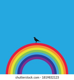 Bird sitting on rainbow, flat vector illustration design