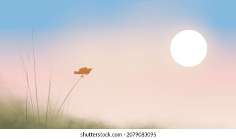 Bird sitting on reed grass stem on sunrise sky background. Traditional oriental ink painting sumi-e, u-sin, go-hua in minimalist style