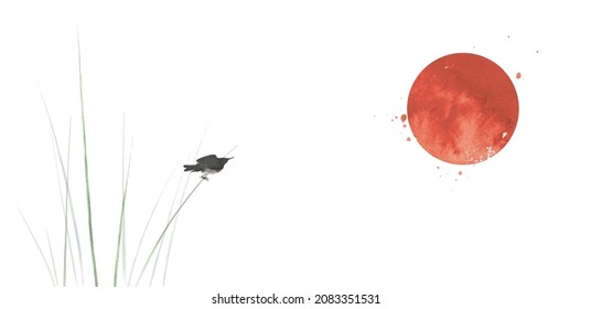 Bird sitting on reed grass stem in fog and big red sun. Traditional oriental ink painting sumi-e, u-sin, go-hua in minimalist style