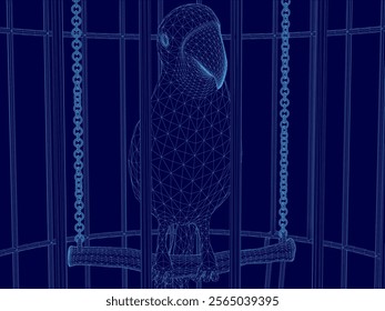 Bird is sitting on a swing in a cage. The cage is blue wireframe