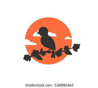 bird sitting on a tree branch on a sunset background beautiful icon logo vector flat design black and white orange color