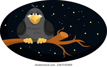 Bird sitting on a tree branch in the dark, illustration, vector on a white background.