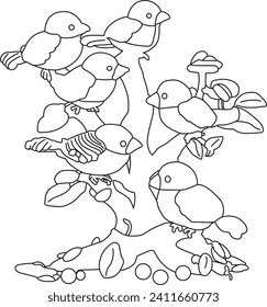 The bird is sitting on a tree branch drawing and illustration.