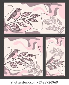 Bird sitting on a tree branch - decorative background in drawn bold lines. With three aspect ratio - horizontal, vertical, square