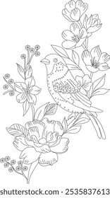 Vogel sitzt auf einem Ast mit Blumen.