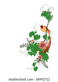 a bird sitting on a vine branch with red flowers