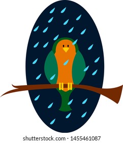 Pájaro sentado en la lluvia, ilustración, vector sobre fondo blanco.
