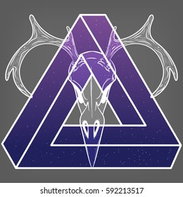 Bird Skull with antlers. Skull of a bird and a triangle. Vector print