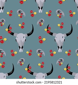 Bird skull and Buffalo skull vector illustration. Seamless pattern with skulls and flowers.