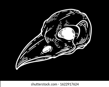 Bird Skull Engraving Vector Illustration. Bird Bone Head Skull, Occult Symbol For Witchcraft On Black Background.