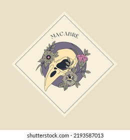 Bird skull with flowers vector illustration. Editable stroke. Macabre or postmortem aesthetic. Old school art decor. Sticker or tattoo design with word MACABRE.