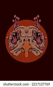 Bird skull with mushrooms vector illustration