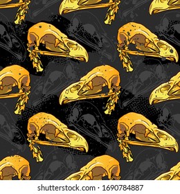 Bird Skull seamless pattern. for girls, boys, clothes. Creative Satanic background with mystic symbol. Funny wallpaper for textile and fabric. Halloween style.
