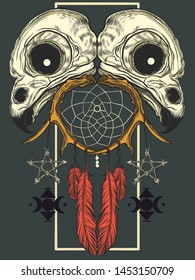 Bird skulls pentagram dream catcher tattoo t-shirt design