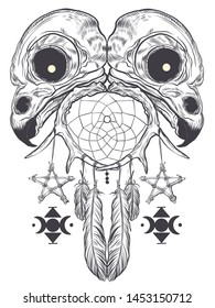 Bird Skulls Pentagram Dream Catcher Tattoo T-shirt Design