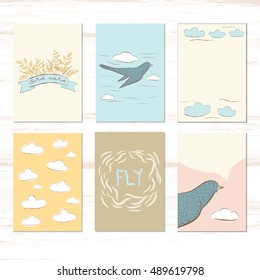 A bird in the sky. Flight. Set of cards for baby shower. Autumn. Decor for invitations, journal cards, greeting cards, posters, blogging. Children's illustration.