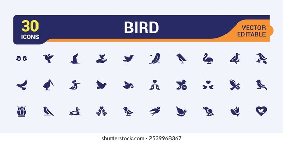 Bird solid icons set. Featuring wildlife, flying, wing, aviary, animal, sparrow, wild and more. Filled symbol collection.