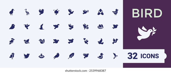 Bird solid icons set. Featuring wildlife, flying, wing, aviary, animal, sparrow, wild and more. Filled symbol collection.